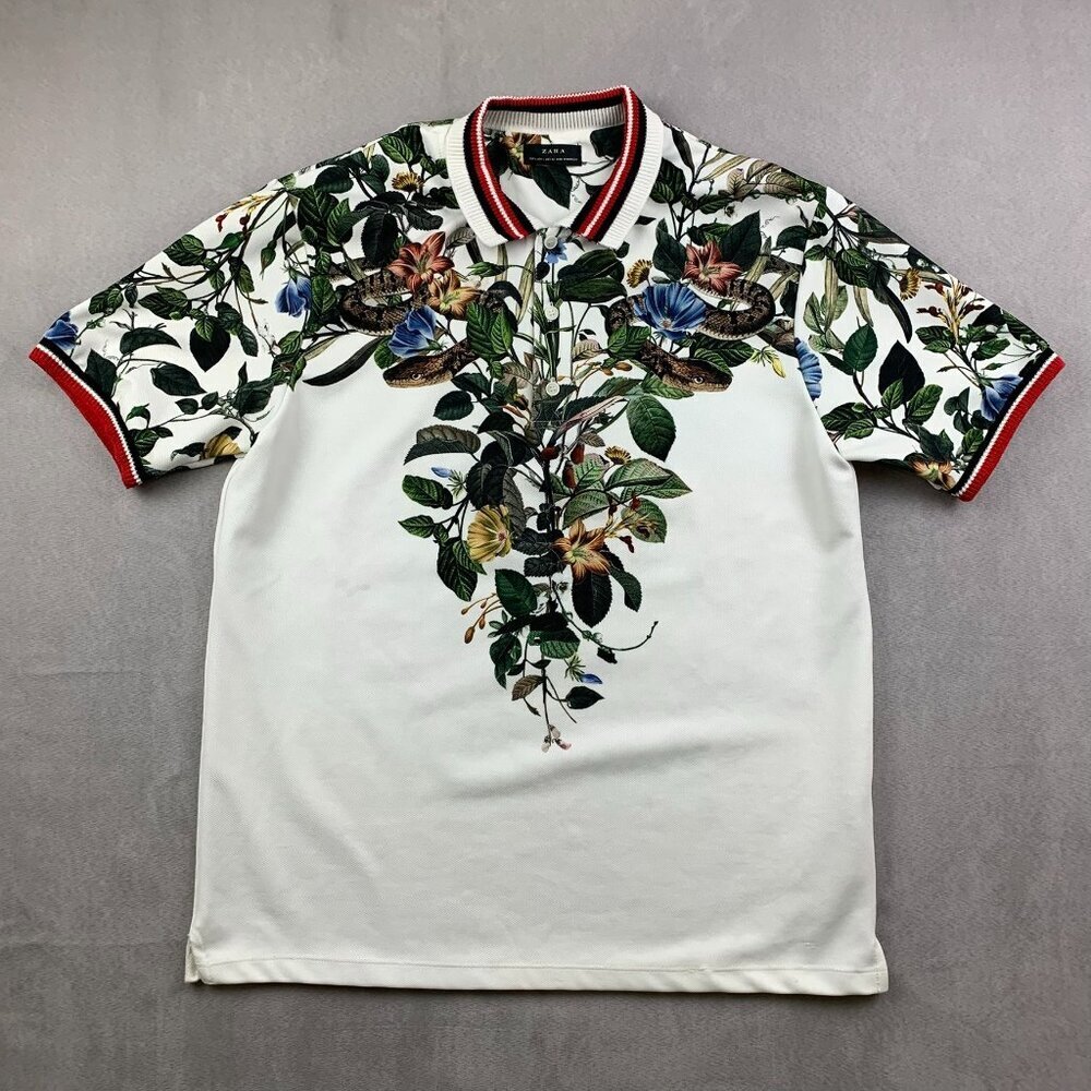 Zara Mens Shirt Large White Green Floral Polo Snake Contrasting Trim Leaves